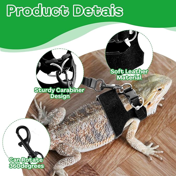 3 Pcs Escape Proof Bearded Dragon Harnesses and Leash Set, 3 Sizes Adjustable Soft Leather Lizard Leash Harness Small Animal Walking Vest for Squirrel Rat Bearded Dragon Lizard Small Reptiles