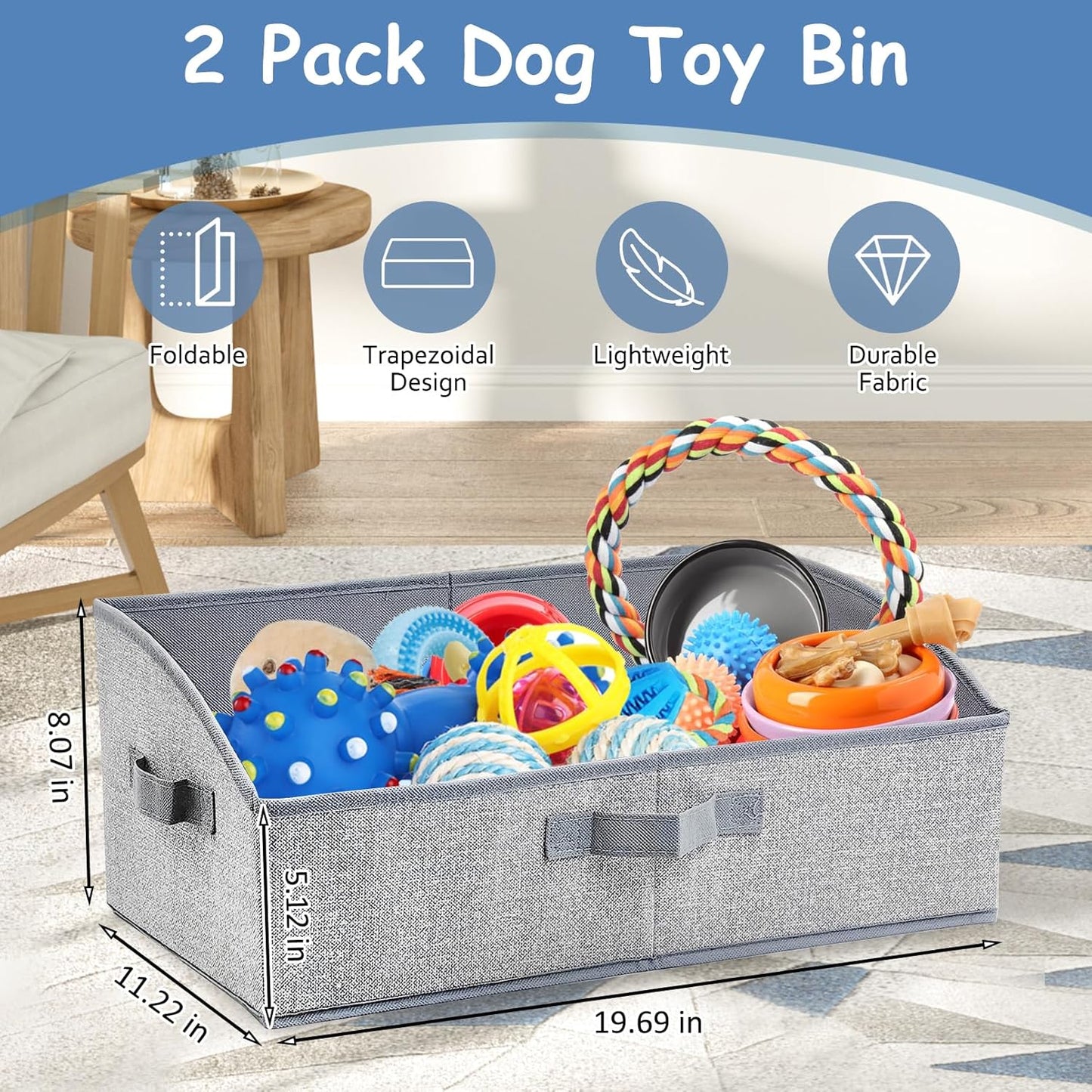 VCEPJH Dog Toy Basket Storage Box, 2 Pack Foldable Pet Toy Basket Shallow Puppy Toy Bin with Handles for Organizing Chew Toys Leashes Clothes Blankets And Accessories(Gray), TP062-2