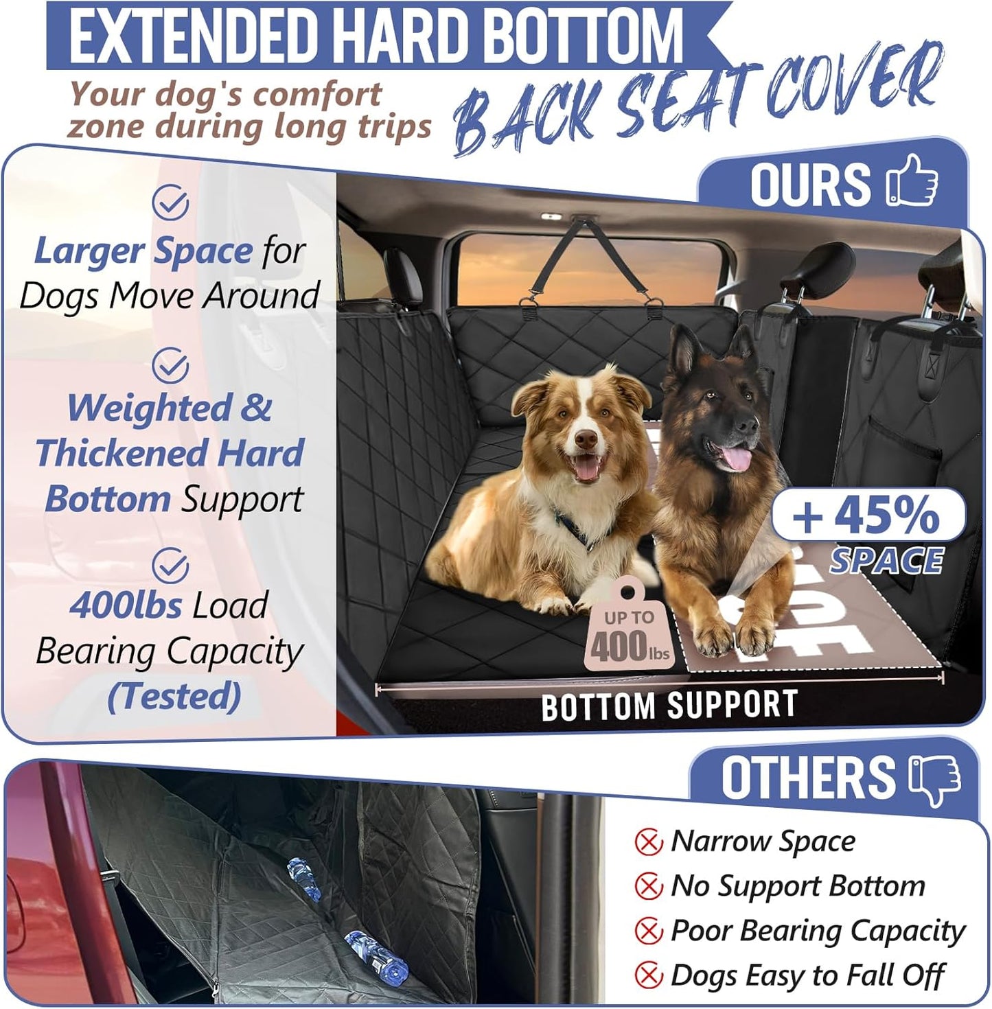 Back Seat Extender for Dogs Truck-Large Space, Dog Pet Seat Cover Back Seat Hard Bottom Holds 400lbs, Waterproof Dog Hammock for Crew Cab Trucks F150, RAM1500, Sierra, Tundra, Silverado
