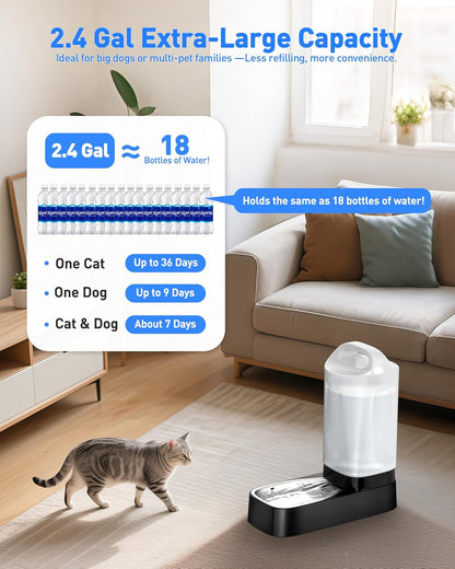 Automatic Dog Water Bowl Dispenser with Filter - 2.4 Gal Large Gravity Auto Pet Water Feeder Waterer with Stainless Steel Bowl & Easy Carry Handle for Large Dog Cat Multi Pet Use