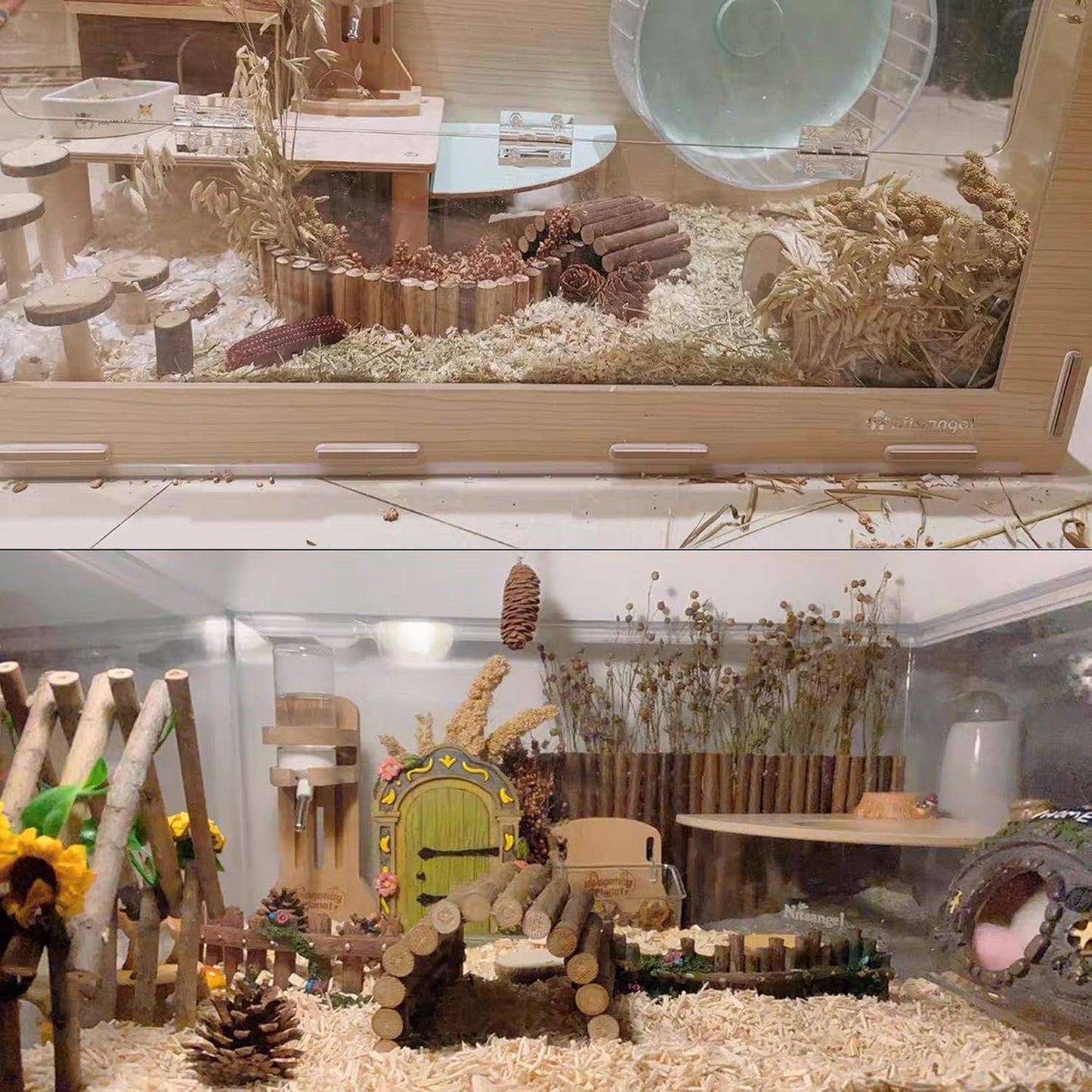 2PCS Rat Bendy Long Suspension Bridges, Hamster Bridge Wooden Ladder Bendable Flexible Tunnel Natural Climbing Ladder Chews Toys for Rodents Mouse Dwarf Hamster（15.7×3.9''+7.9×3.9'' Brown）