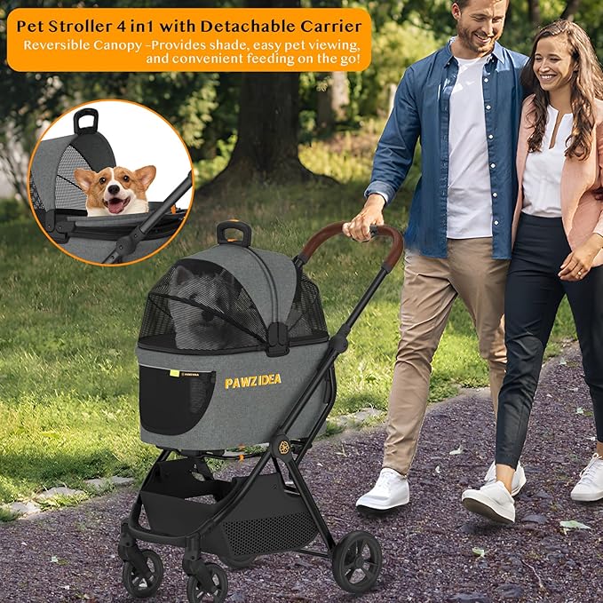 PAWZIDEA Pet Stroller 4 in 1, Dog Strollers with Detachable Carrier No-Zip Canopy, Portable Pet Crate for Car Seat Travel, Foldable & Lightweight Jogger for Small/Medium Dogs and Cats, Storage Basket