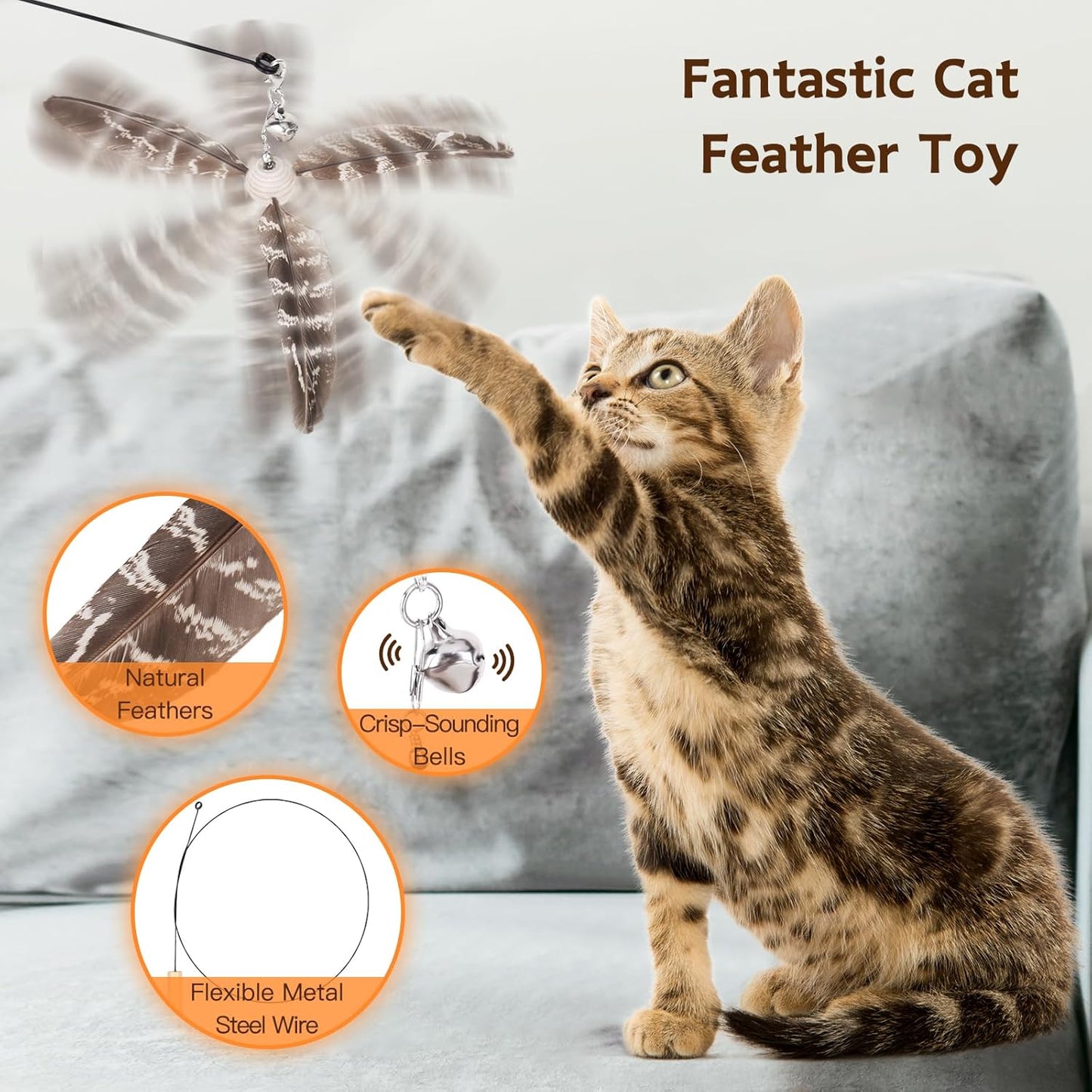 Cat Toys Interactive for Indoor Cats, Cat Wand Toys with 3 Feather Refills, Sturdy Wood Handle with Flexible Steel Wire for Kitten, Feather Toys Refills for Bored Indoor Adult Cats