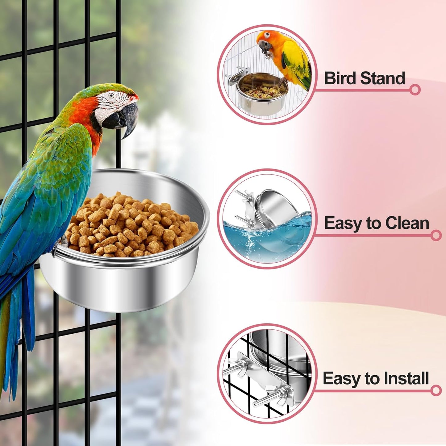 ToLanbbt 10 Pcs Stainless Steel Bird Food Bowls Water with Double Screws and Clamp Holders, Parrot Feeding Dish Cups Parrot Cage Coop Feeders for Cockatiel Conure Budgie Parakeet Macaw Small Animal, S