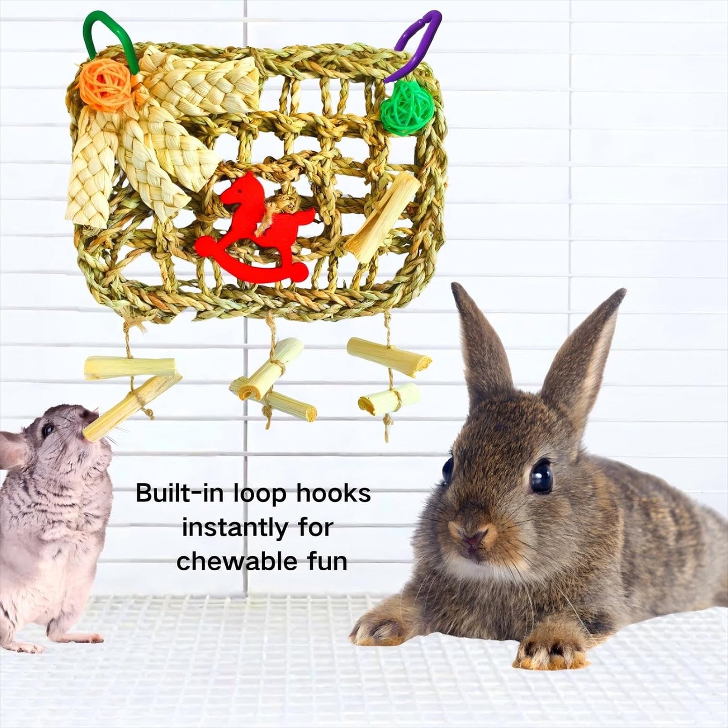 Rabbits Chew Toy,Bunny Cage Hanging Chew Toys and Treats,Grass with Sweet Bamboo for Guinea Pigs Chinchillas Hamsters Rats