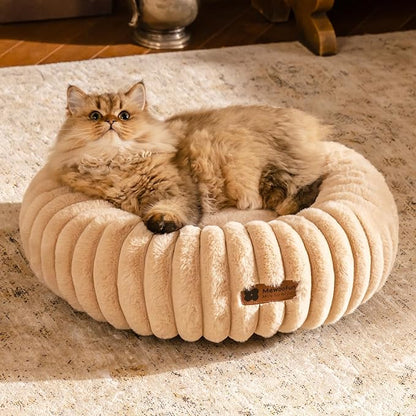 MEWOOFUN Cat Bed, Washable Beds for Indoor Cats, Cute Donut Bed Fluffy Pet Bed with Non-Slip Bottom, Calming Round Bed for Puppy and Kitten (Light Brown)
