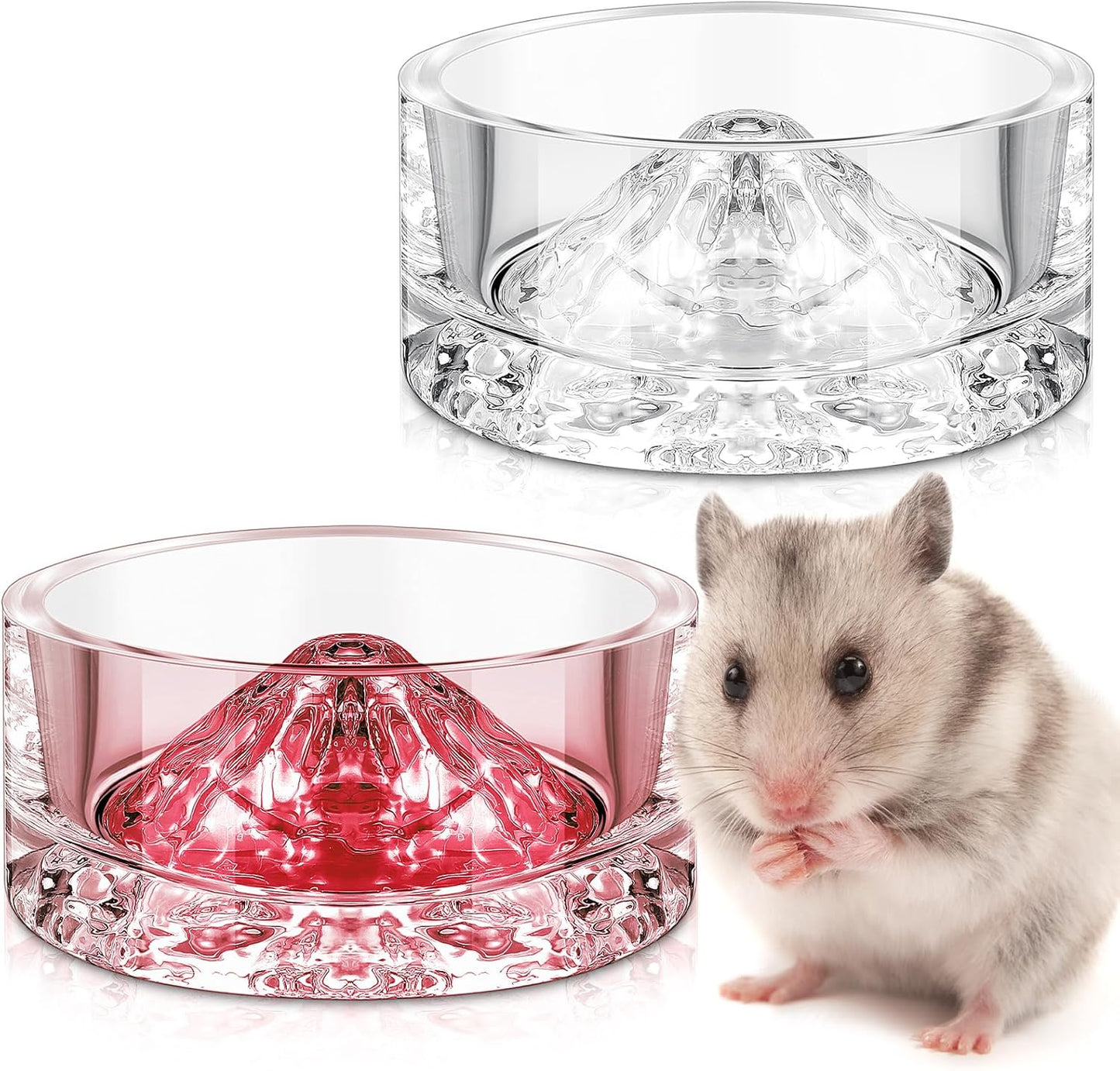 Baderke 2 Pcs Hamster Water Bowls Glass Hamster Food Bowls 35ml Mountain Style Drinking Container Anti Turning for Guinea Pig Gerbils Mice Rats Chinchilla Small Pets(Clear and Pink)
