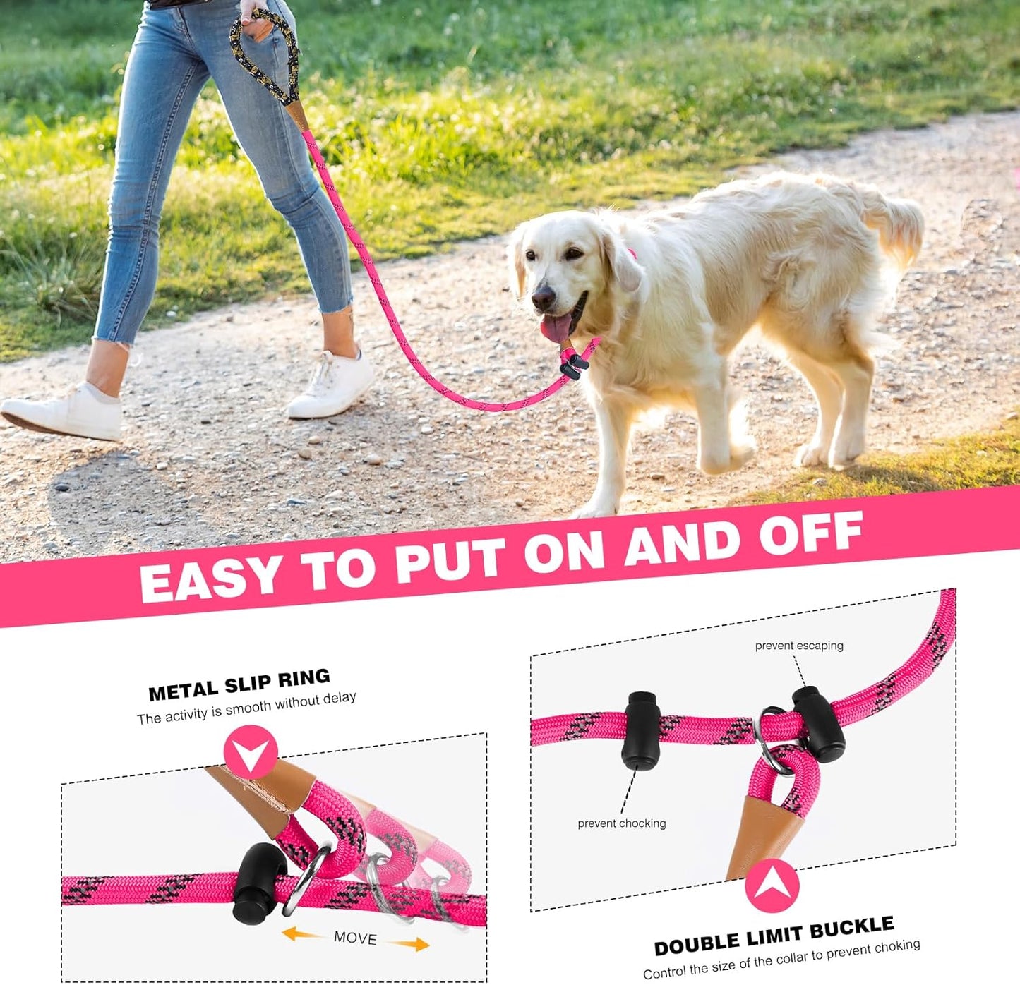 lynxking Slip Lead Dog Leash Reflective, Heavy Duty Comfortable Strong Rope Leash for Large, Medium Small Dogs No Pull Pet Training (Pink, Small 3/8in x 6ft-Slip Lead)