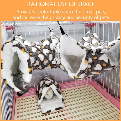 LEFTSTARER Cashmere Pet Bed Mat and Toy, Heart-Brown Ferret Guinea Pig Hammock Toy Small Animal Cage Accessories, 19.7x5.9in Hanging Tunnel & 13.39x13.39in Bunkbed Hammock