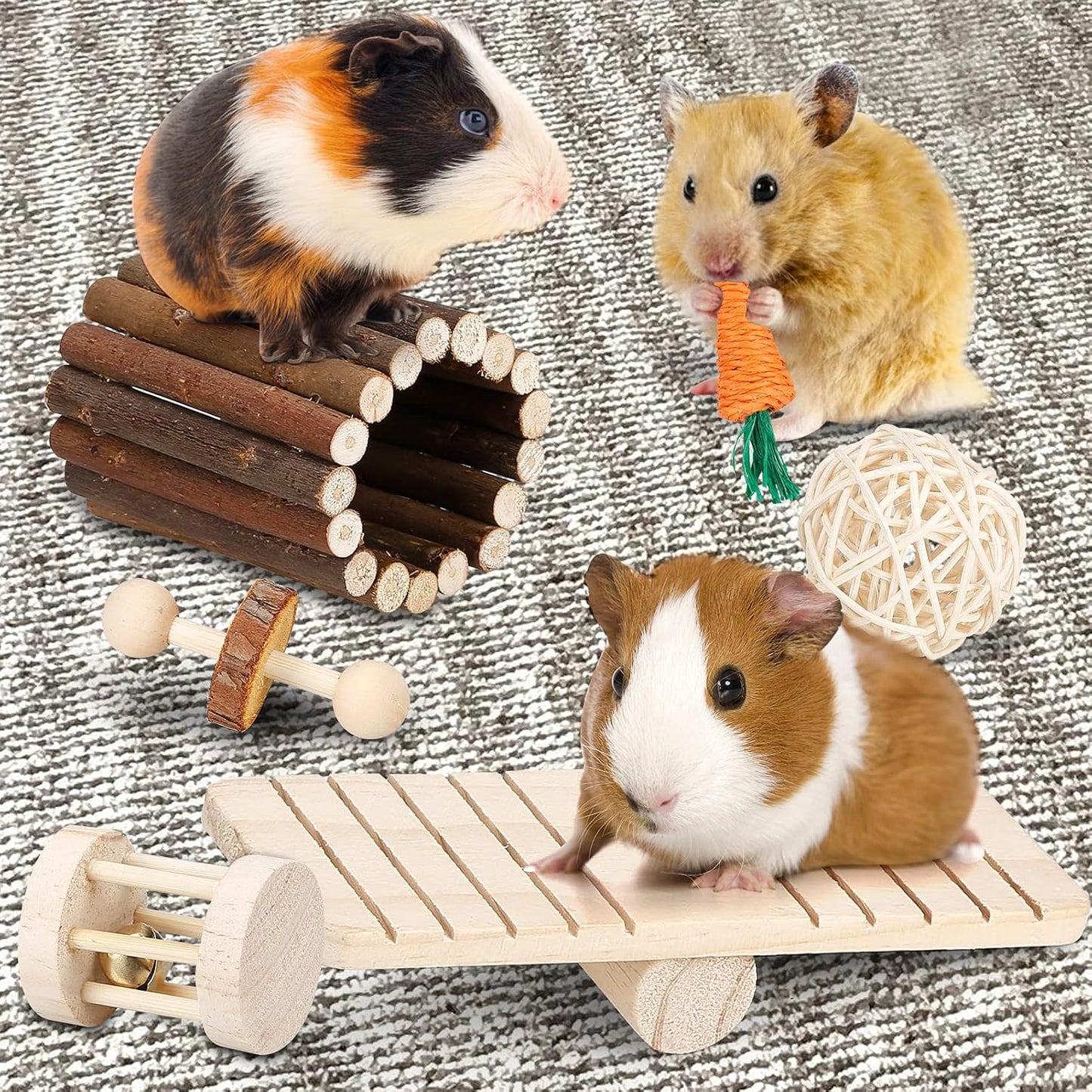 Hamster Chew Toys Set Small Animal Molar Toys Teeth Care Wooden Accessories for Guinea Pigs,Chinchillas,Gerbils,Mice,Rats,Mouse Rodents Toy Swing Seesaw Bridge (Wood)