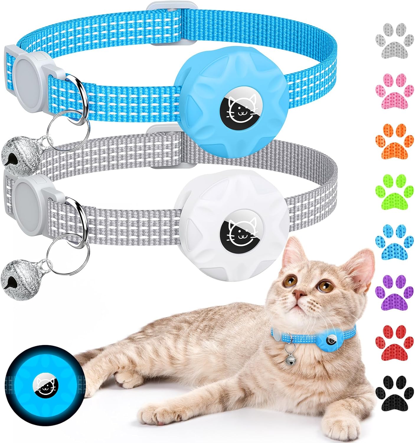 Apple AirTag Cat Collar, GPS Tracker with Reflective Breakaway Design, Lightweight Kitten Collar with Bell (Gray/Luminous Blue)