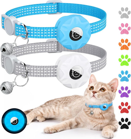 Apple AirTag Cat Collar, GPS Tracker with Reflective Breakaway Design, Lightweight Kitten Collar with Bell (Gray/Luminous Blue)
