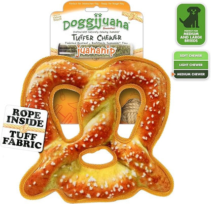 Doggijuana Tuffer Chewer Plush Dog Toy | Funny Dog Toy Plush with Juananip Catnip for Dogs | Calming Aid for Dogs | Interactive Squeaky Chew Toy for Play (Pretzel)