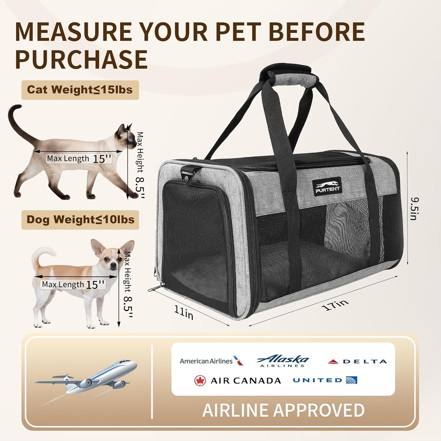 TSA Approved Pet Carrier for Small Cats and Puppies, Soft-Sided and Foldable, Cat and Dog Carrier Fits Pets Up to 15 lbs, Durable Portable Travel Bag with Litter Box, Dark Gray