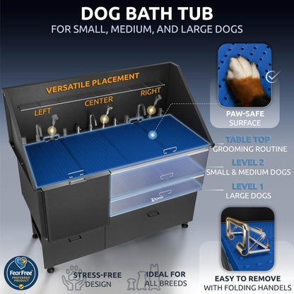 KANIS Black Line Professional Dog Washing Station - 304 Stainless Steel Pet Wash Sink & Grooming Bathtub w/Shower, Floor Grates and Storage for Large, Medium & Small Pets (61", 2 Drawers - Left Ramp)