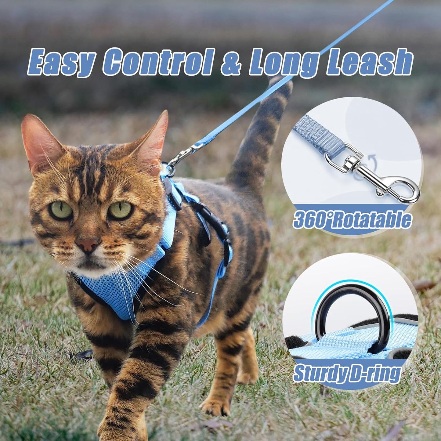 Cat Harness and Leash Set,Escape Proof Adjustable Cat Harness,Soft and Breathable Kitten Harness and Leash with Reflective Strips for Walking and Traveling(Light Blue, Small(8.9-16.6lb))