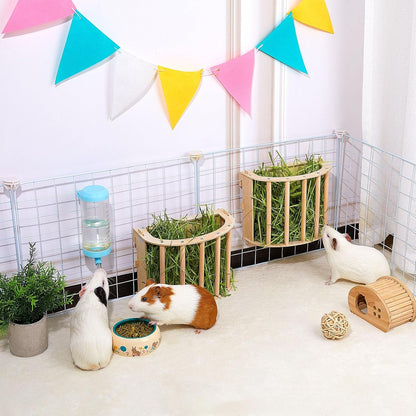 2PCS Guinea Pig Hay Feeder - Wooden Rabbit & Bunny Hay Holder Hanging Rack with Instructions - Suitable for Chinchilla, Ferret & Rabbit Cages