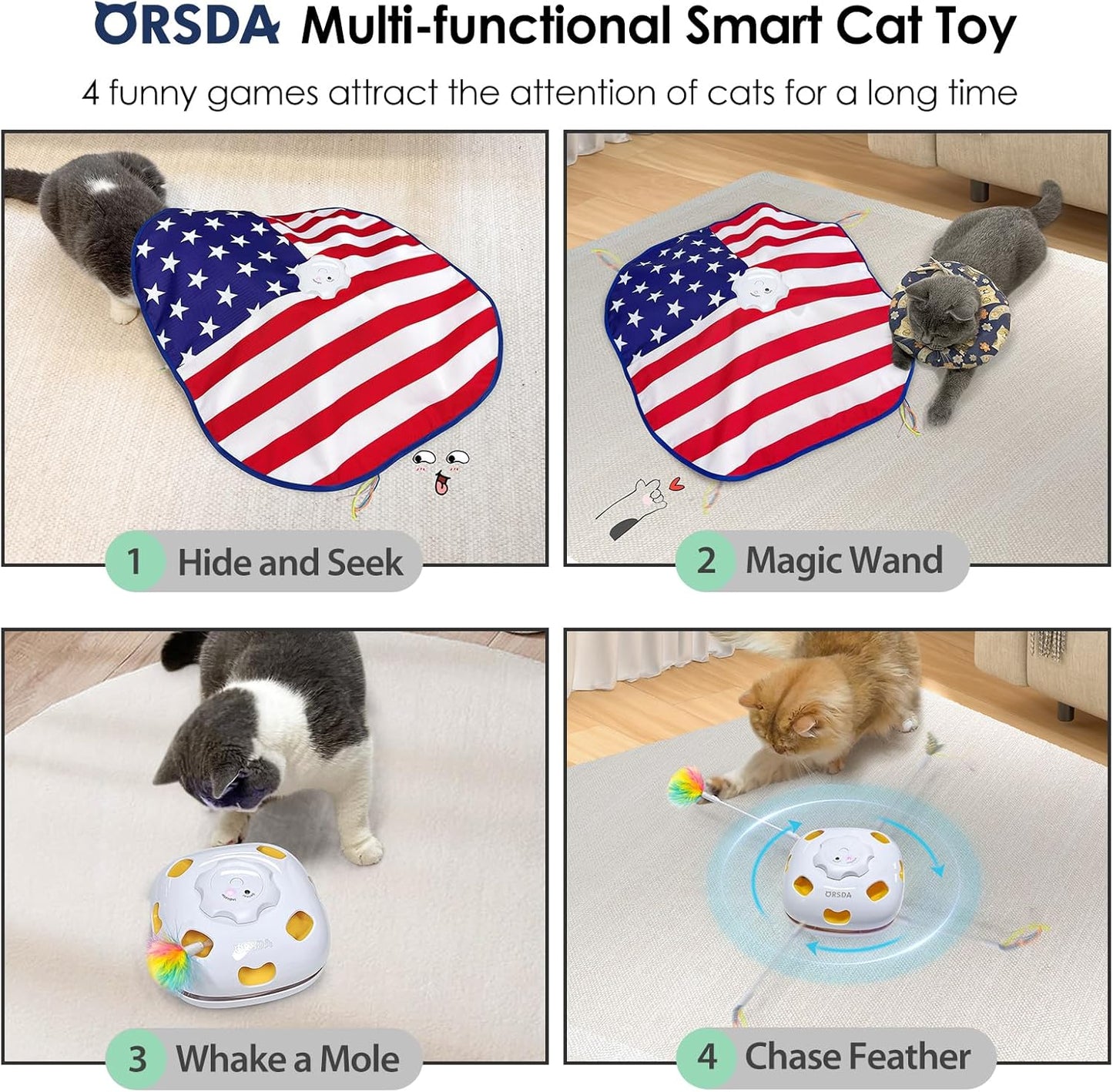 ORSDA Interactive Cat Toys for Indoor, 4 in 1 Automatic Cat Toy for Kitten, Rechargeable Smart Teaser Toys, Moving Ambush Feather, 8 Holes Mice Whack-A-Mole, Hide The Seek