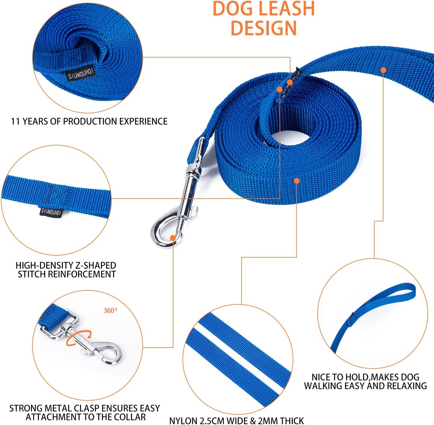 Strong Durable Nylon Dog Training Leash, 1 Inch Wide Traction Rope, 6 ft 10ft 15ft Long, for Small and Medium Dog (Blue, 10 Feet)