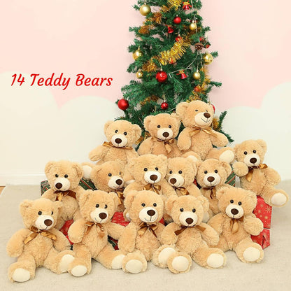 MorisMos 14Pcs Teddy Bears Bulk Baby Shower, 14inch Cute Teddy Bear Stuffed Animal Plush, Small Stuffed Bears on Centerpiece Baby Shower, Kids Party Favors, Brown