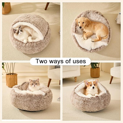 Calming Dog Beds & Cat Cave Bed with Hooded Cover,Removable Washable Round Beds for Small Medium Pets,Anti-Slip Faux Fur Fluffy Coved Bed for Improved Sleep,Fits up to 15/25 lbs(Medium,24"x24")