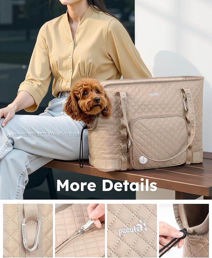 Pecute Dog Purse Carrier, Dog Carrier with Pockets for Small Dogs, Fits Dogs 7 lbs to 13 lbs, Cat and Puppies Tote Bag, Outing, Travel, Vet, XL,16.9" L x 7.9" W x 13.8" H, Khaki
