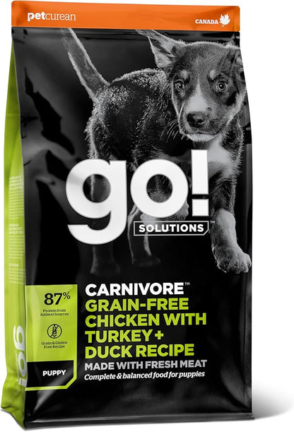 Go! Solutions Carnivore, Grain-Free, Protein Rich Dry Dog Food, Chicken, Turkey and Duck Puppy Recipe, Small Kibble, 22 lb Bag