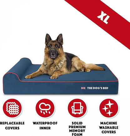 The Dog’s Bed Orthopedic Headrest Dog Bed XL Blue Oxford with Red Trim UK Flag Dog Bed, Memory Foam, Hip & Elbow Dysplasia, Post Surgery, Waterproof Washable Cover