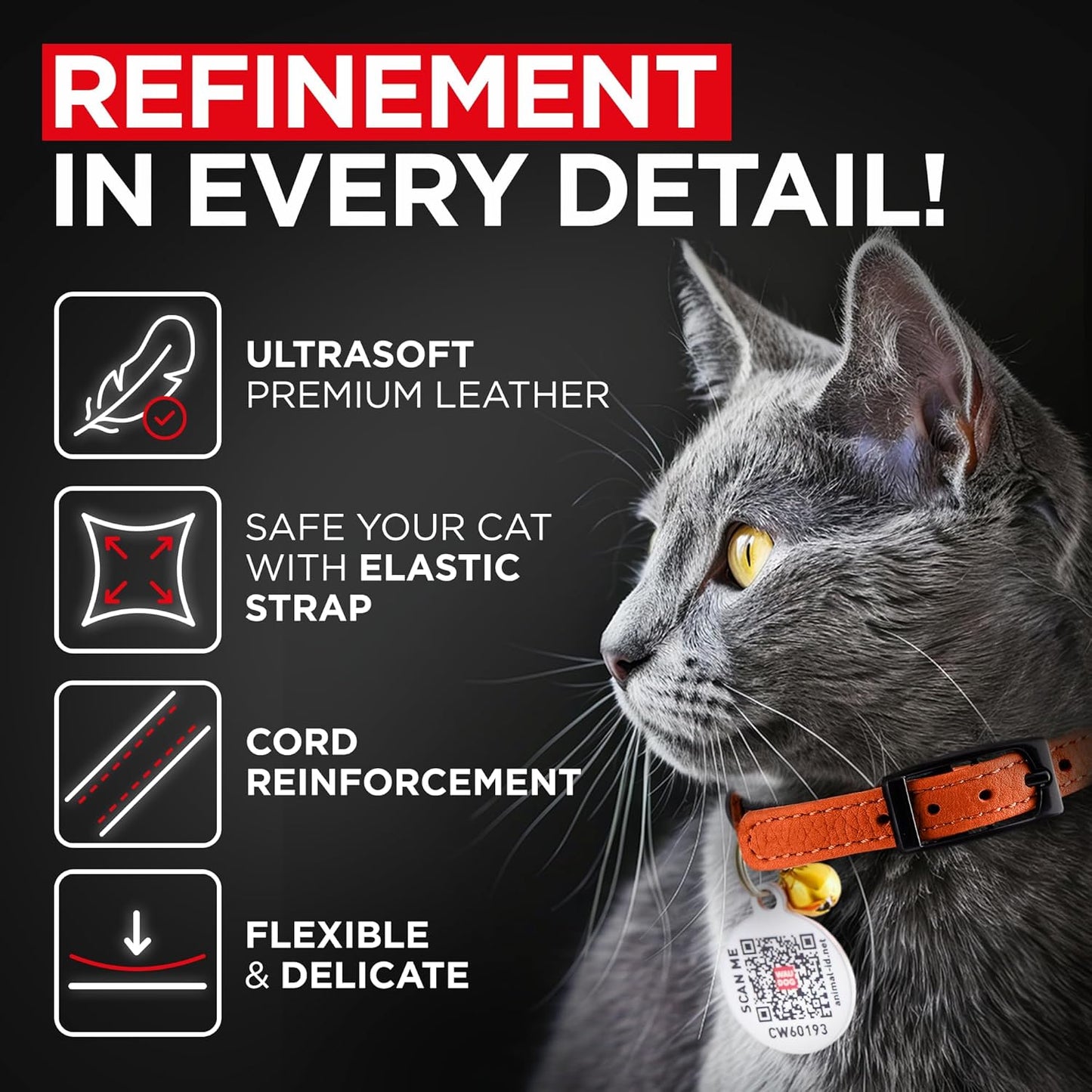 Leather Cat Collar with Bell and Safety Elastic Strap Breakaway Alternative for Small & Large Kittens, Stylish Pet Leather Collar for Boy, Girl Cats with Metal Buckle & QR ID Tag (Orange)