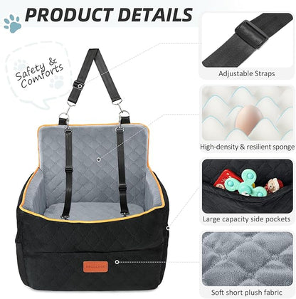 Small Dog Car Seat, Memory Foam Dog Booster Seats with Thick Cushion for Medium Dogs Under 35lbs, Detachable Washable Pet Car Seat Bed with Storage Pockets,2 Safety Belts