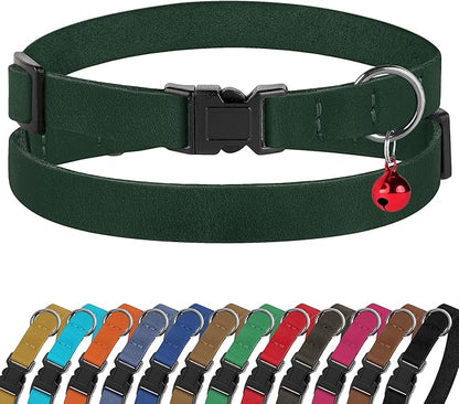 Breakaway Cat Collar Leather with Removable Bell - 13 Colors Available - Soft Adjustable Girl Boy Safety Lightweight Pet Kitten Collars Pink Brown Blue Green Red Orange Black (Emerald)