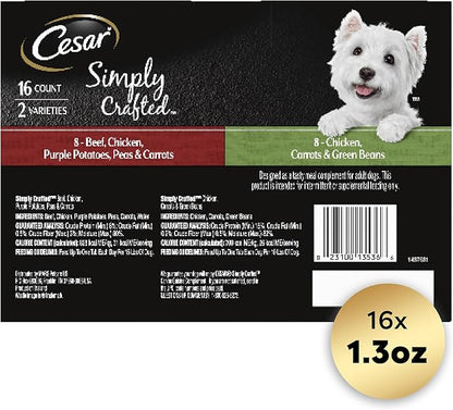 Cesar Simply Crafted Adult Wet Dog Food Meal Topper, Chicken, Carrots & Green Beans and Beef, Chicken, Purple Potatoes, Peas & Carrots Variety Pack, 1.3 oz. (16 Count, Pack of 1)