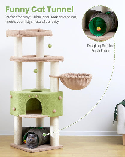 Cat Tree Tower for Indoor Cats Large Adult - Heavy Duty Extra Wide Scratching Post (φ4.4in) Maine Coon Condo House with Hammock Tunnel - 60 Inch XL Feline Bed Trees - Big Multi Level Cat Houses Stand