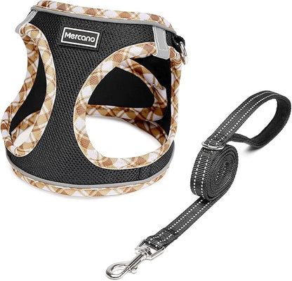 Mercano Soft Mesh Dog Harness and Leash Set, No-Chock Step-in Reflective Breathable Lightweight Easy Walk Vest Harnesses with Safety Buckle for Small Dogs, Cats (Black Yellow, S)