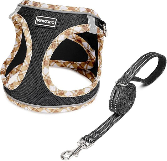 Mercano Soft Mesh Dog Harness and Leash Set, No-Chock Step-in Reflective Breathable Lightweight Easy Walk Vest Harnesses with Safety Buckle for Small Dogs, Cats (Black Yellow, S)