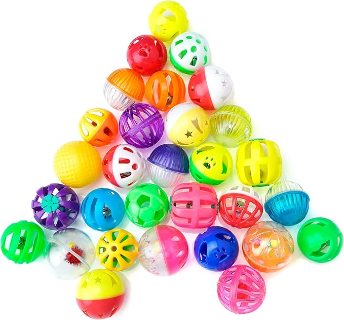 CHIWAVA 36 Pack Plastic Noisy Cat Toy Balls with Bell Kitten Chases Toy 8 Type Assorted Color Size