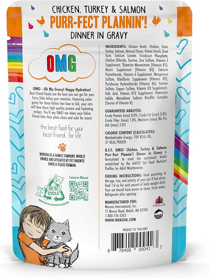 Weruva B.F.F. OMG - Best Feline Friend Oh My Gravy!, Purr-FECT Plannin'! with Chicken, Turkey & Salmon in Gravy Cat Food, 2.8oz Pouch (Pack of 12)
