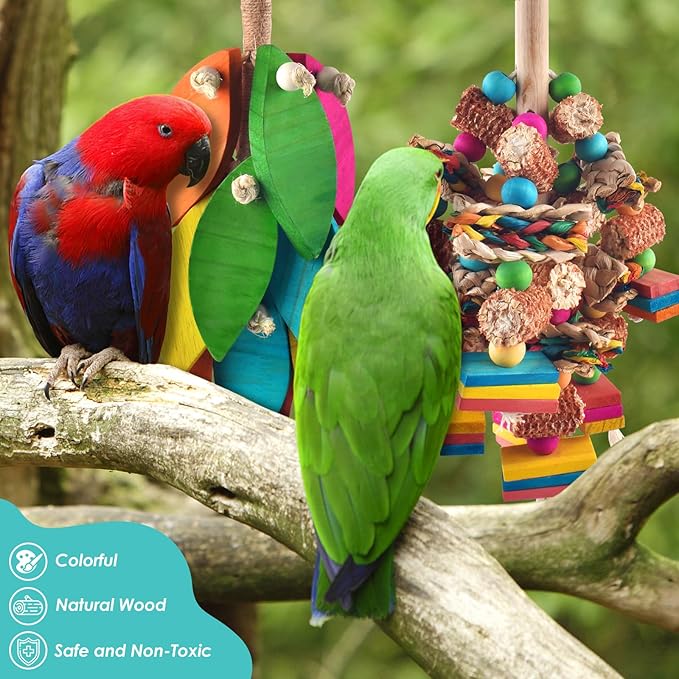 2 Pcs Large Bird Toys, Natural Corn Cob Parrot Chew Toy, Multicolored Leaf-Shaped Chewing Wood Blocks for Large and Medium-Sized Macaws, Cockatoos, Amazon Parrots, African Grey