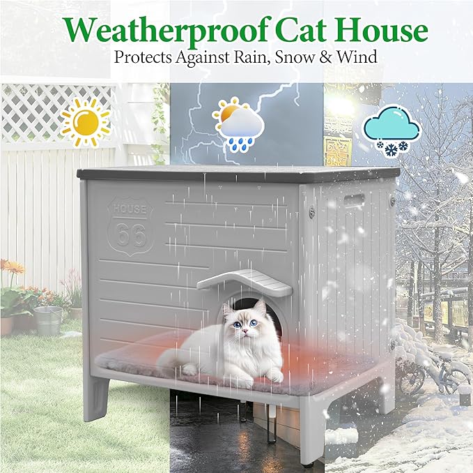 Cat House Outdoor with Cat Mat Weatherpoof Plastic Cats Houses with Escape Door Indoor Waterproof Feral/Pet Cat Shelter Outside for Puppy, Rabbit(Grey)