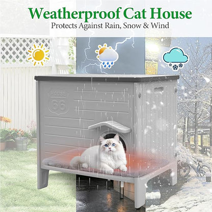 Cat House Outdoor with Cat Mat Weatherpoof Plastic Cats Houses with Escape Door Indoor Waterproof Feral/Pet Cat Shelter Outside for Puppy, Rabbit(Grey)