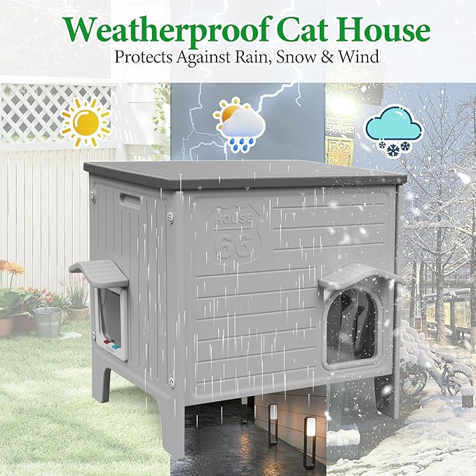 Outdoor Cat House Weatherpoof Large Plastic Cats Houses with Escape Door Indoor Waterproof Feral/Pet Cat Shelter Outside for Multiple Cats (Grey)
