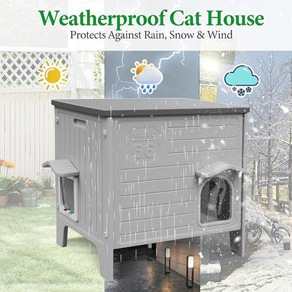 Outdoor Cat House Weatherpoof Large Plastic Cats Houses with Escape Door Indoor Waterproof Feral/Pet Cat Shelter Outside for Multiple Cats (Grey)