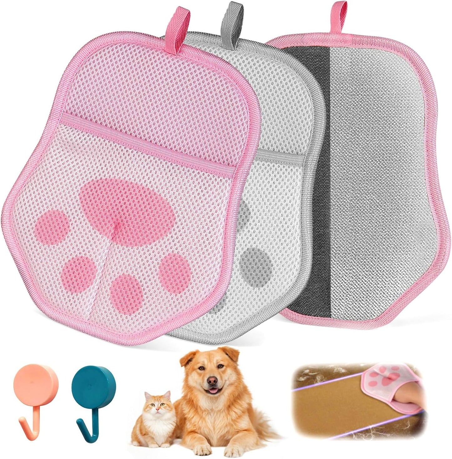 Pet Hair Removal Glove for Cats & Dogs, 2 Pcs With Hanging Hooks, Reusable Electrostatic Pet Hair Gloves, size 9.8 x 7.87 x 0.5 in, Pet Hair Glove for Clothes, Sofas, Carpets, Car Seats（Pink and gray）