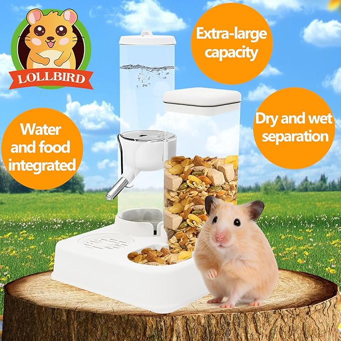 2-in-1 Hamster Water Bottle & Enhanced Food Dispenser - 35% Larger Food Capacity, Leak-Proof Design for Glass Tanks/Wire Cages Small Animal Accessories (White, 4.9IN+5.1IN+5.7)