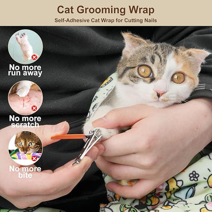 35.5" Extra Large Cat Grooming Wrap – Anti-Escape Cat Wrap for Cutting Nails, Brushing & Medication – Soft, Comfortable, Reusable, Self-Adhering, Holds Cats Up to 22lbs (Cow Corn)