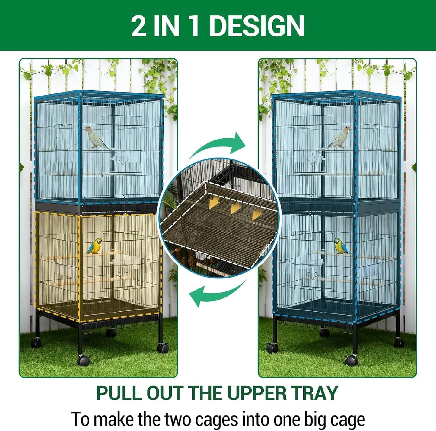 GarveeHome Small Bird Cage with Wheels, 55 Inch Parakeet Cage with Top Stand, 2 in 1 Bird Carrier for Parakeets, Canaries, Lovebirds, Small Quaker, Cockatiels, Budgie, Green Cheek (55in)