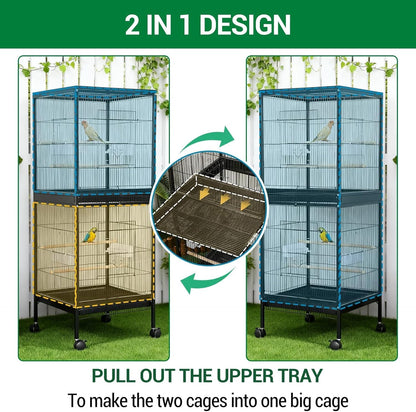 GarveeHome Small Bird Cage with Wheels, 55 Inch Parakeet Cage with Top Stand, 2 in 1 Bird Carrier for Parakeets, Canaries, Lovebirds, Small Quaker, Cockatiels, Budgie, Green Cheek (55in)