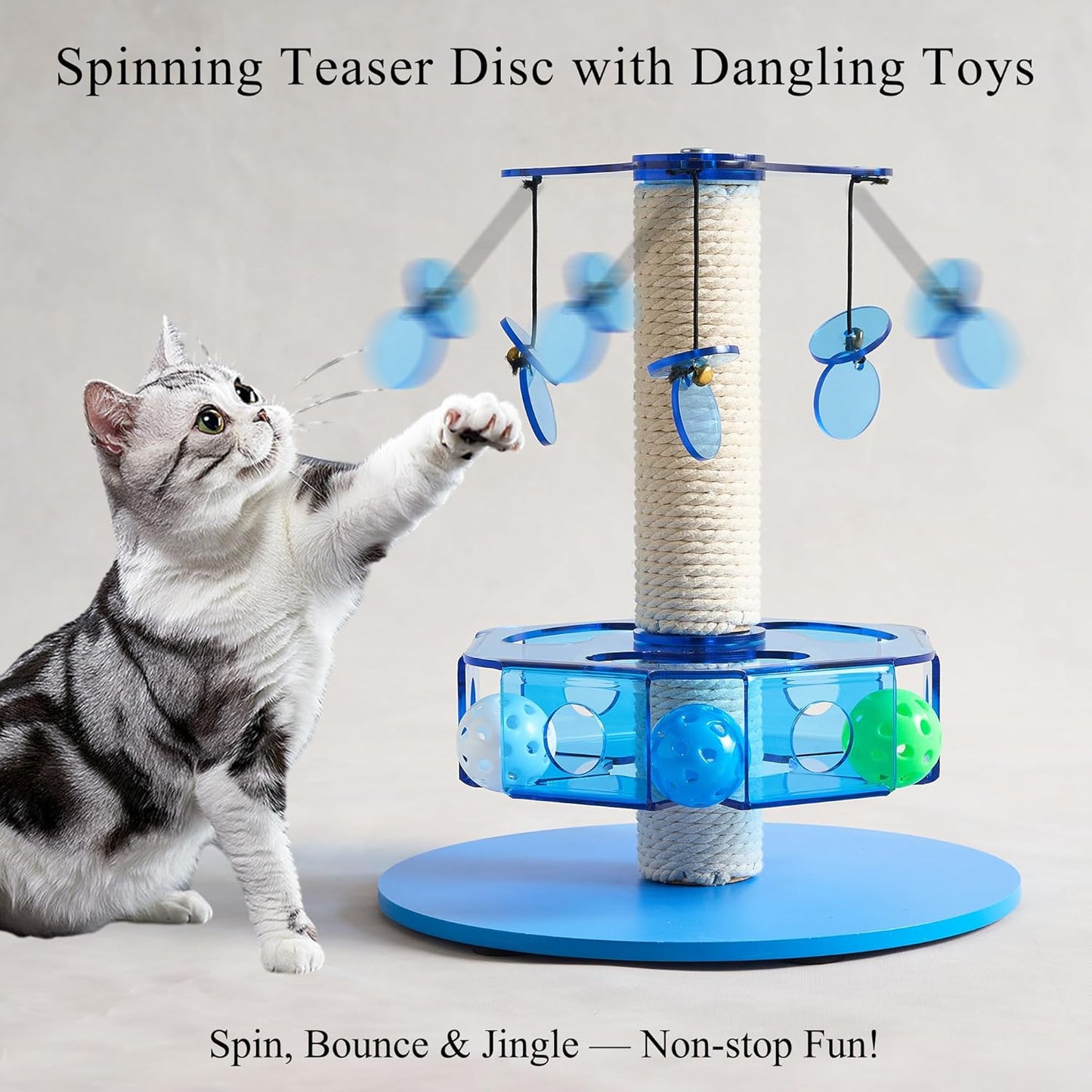 Modern 3-in-1 Interactive Cat Toy with Scratching Post, Rotating Cat Puzzle Toys for Indoor Cats with Colorful Jingle Balls, Spinning Teaser Disc with Dangling Toys, Acrylic, Blue