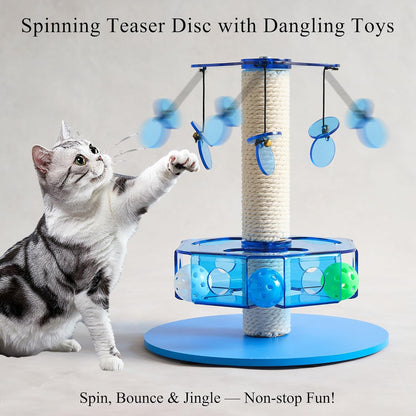 Modern 3-in-1 Interactive Cat Toy with Scratching Post, Rotating Cat Puzzle Toys for Indoor Cats with Colorful Jingle Balls, Spinning Teaser Disc with Dangling Toys, Acrylic, Blue