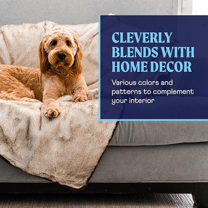 PupProtector Waterproof Throw Blanket for Dogs and Cats, Pet Blanket Cover for Couches, Sofas, Beds, Car Seats, Furniture, Calming Soft Faux Fur, White with Brown Accents, Original (60" L x 50" W)